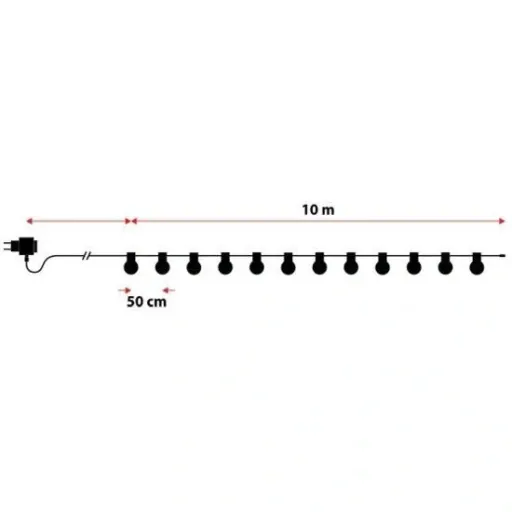 10-meter LED cable with plug, including 20x 0.5W LED bulbs, 6000K daylight white, 600 lumens, IP44