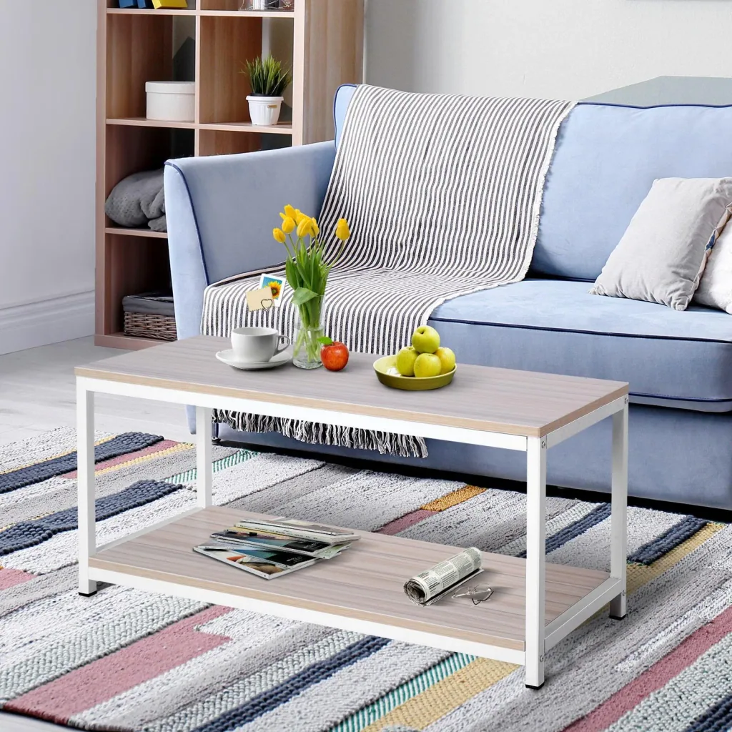 Coffee table, side table, sofa table, hallway table, Scandinavian wood + metal, natural + white, 100 x 40 x 44.5 cm