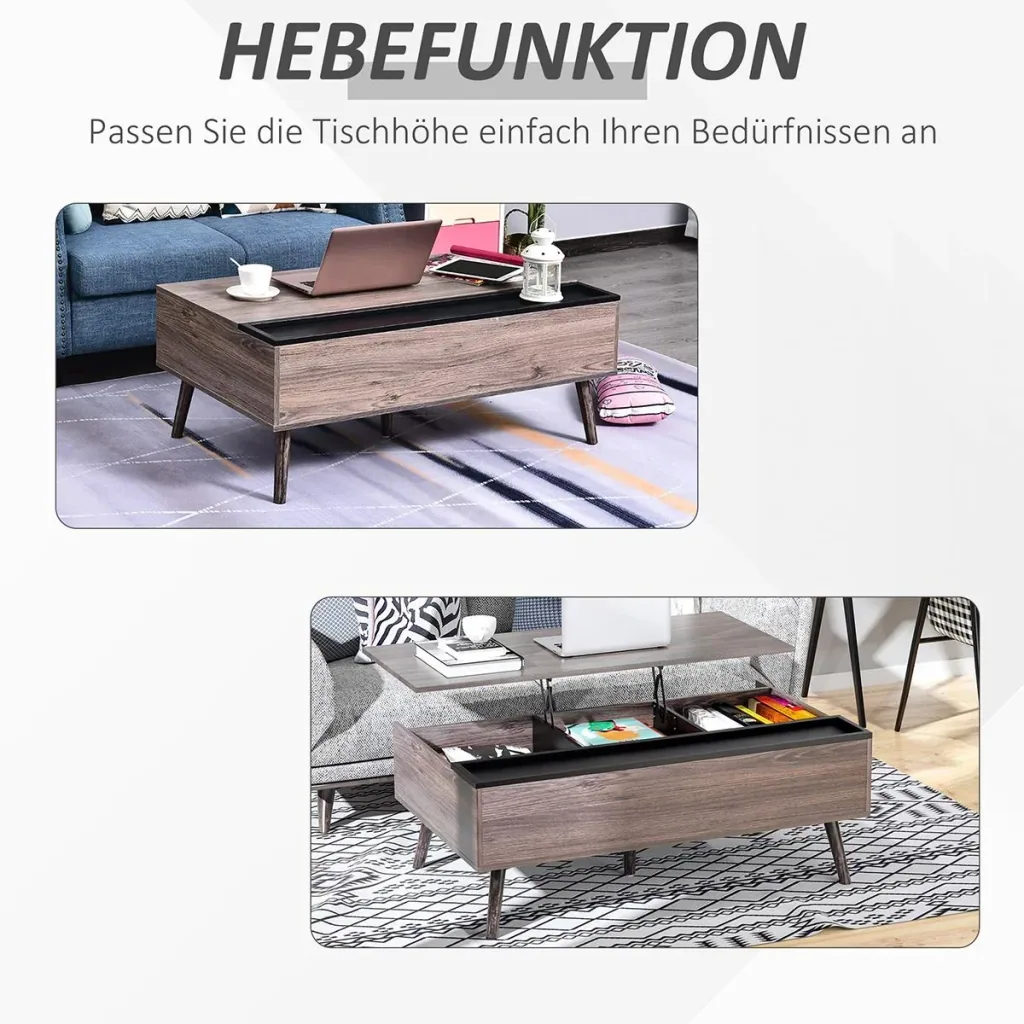 Coffee table living room table coffee table with height-adjustable top sofa table chipboard grey 110 x 66 x 43-56 cm