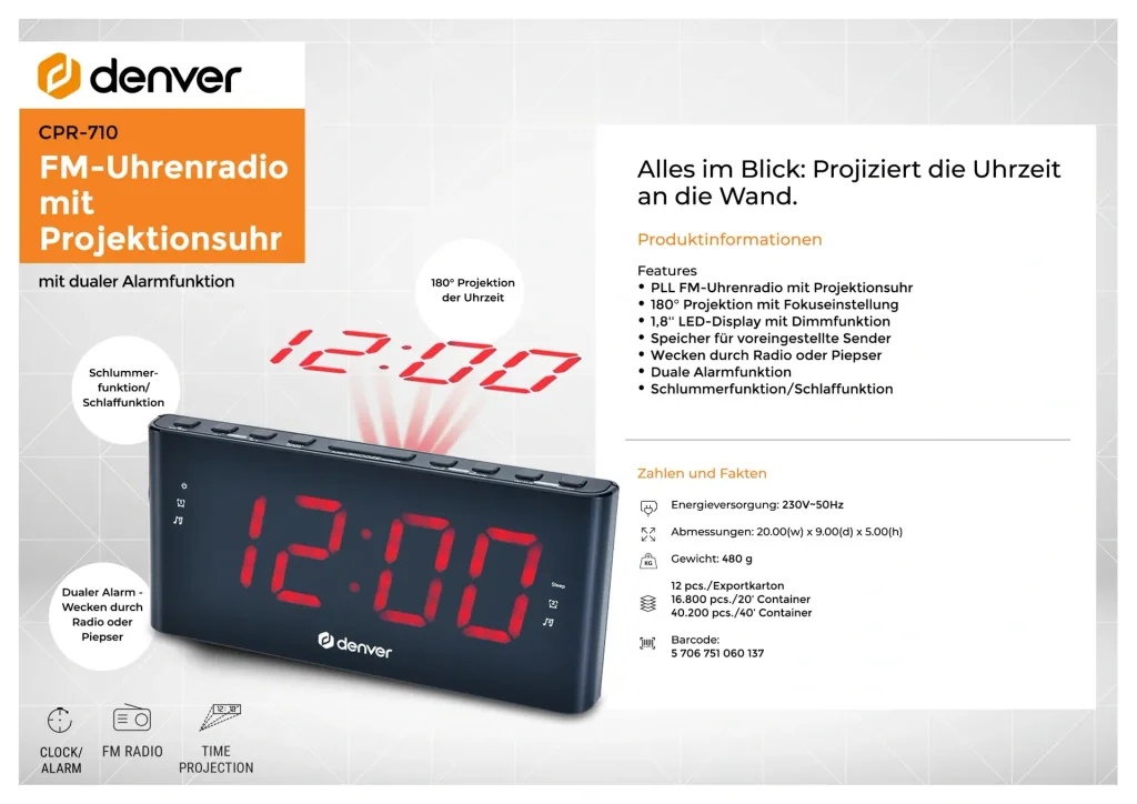 FM radio with 180 degree time projection and 2 alarm times