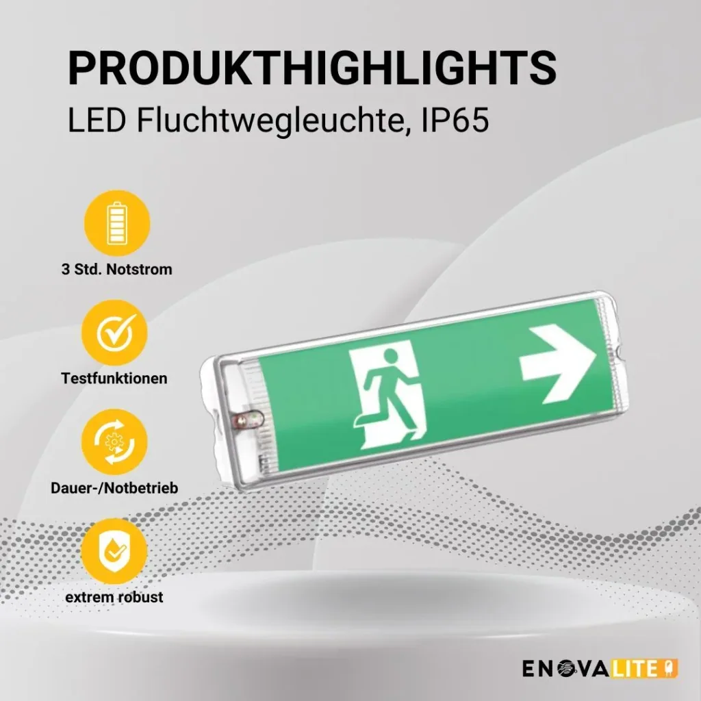 LED escape route light, emergency exit with emergency power unit offers a TEST function, wall mounting & IP65 protection