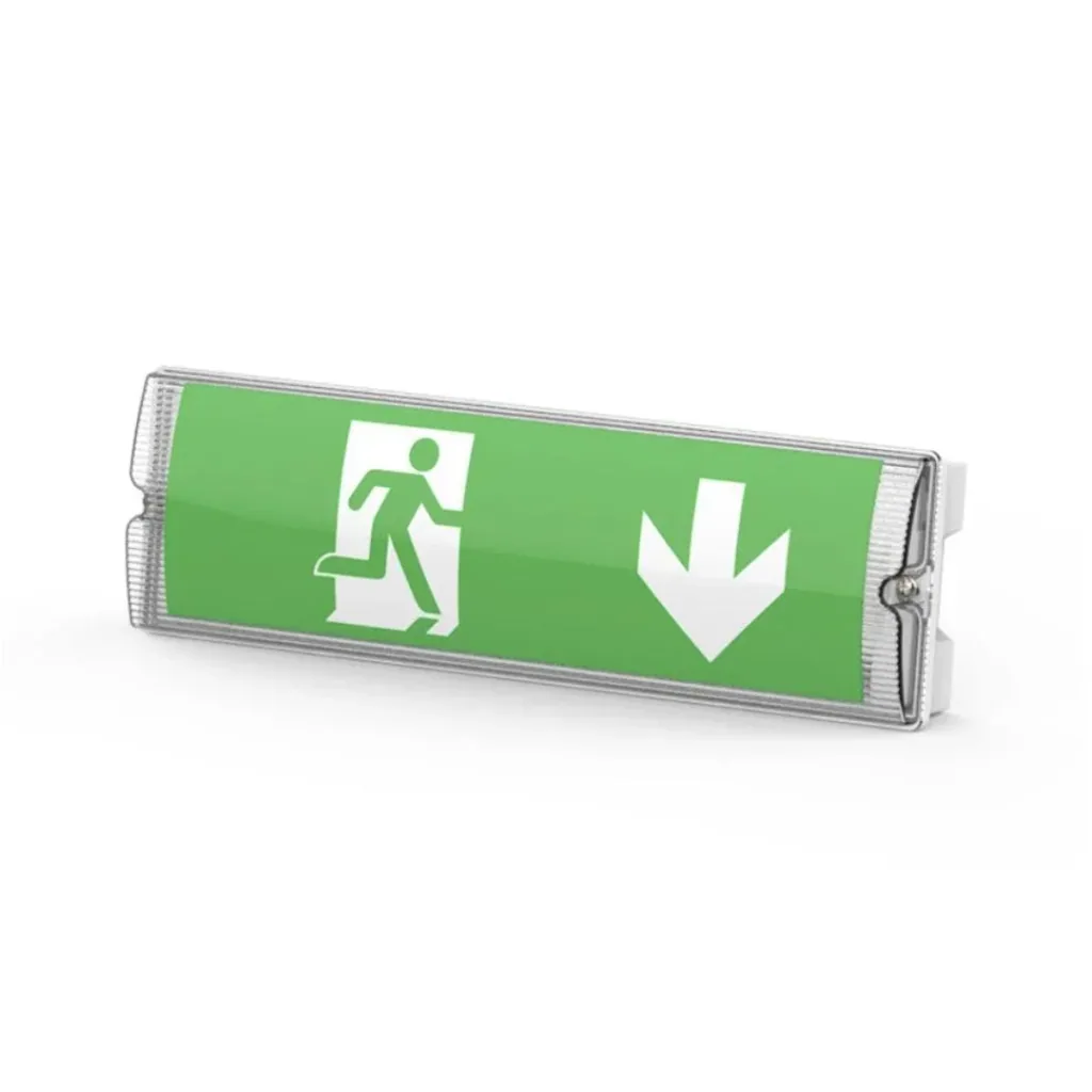 LED escape route light, emergency exit with emergency power unit offers a TEST function, wall mounting & IP65 protection