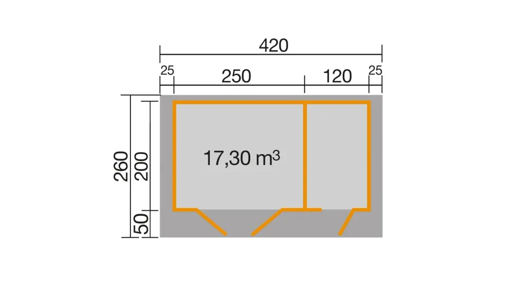 Garden house 253 Gr.1 420 x 260 x 270 cm light grey, 28 mm, double door, with 2nd room single door