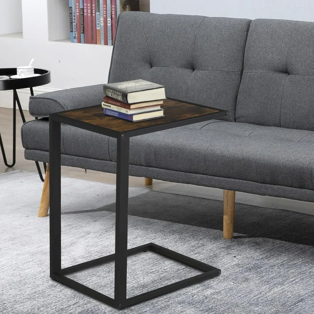 C-shaped side table, coffee table, standing table, metal MDF, rustic brown, 40.6 x 50.8 x 64.2 cm