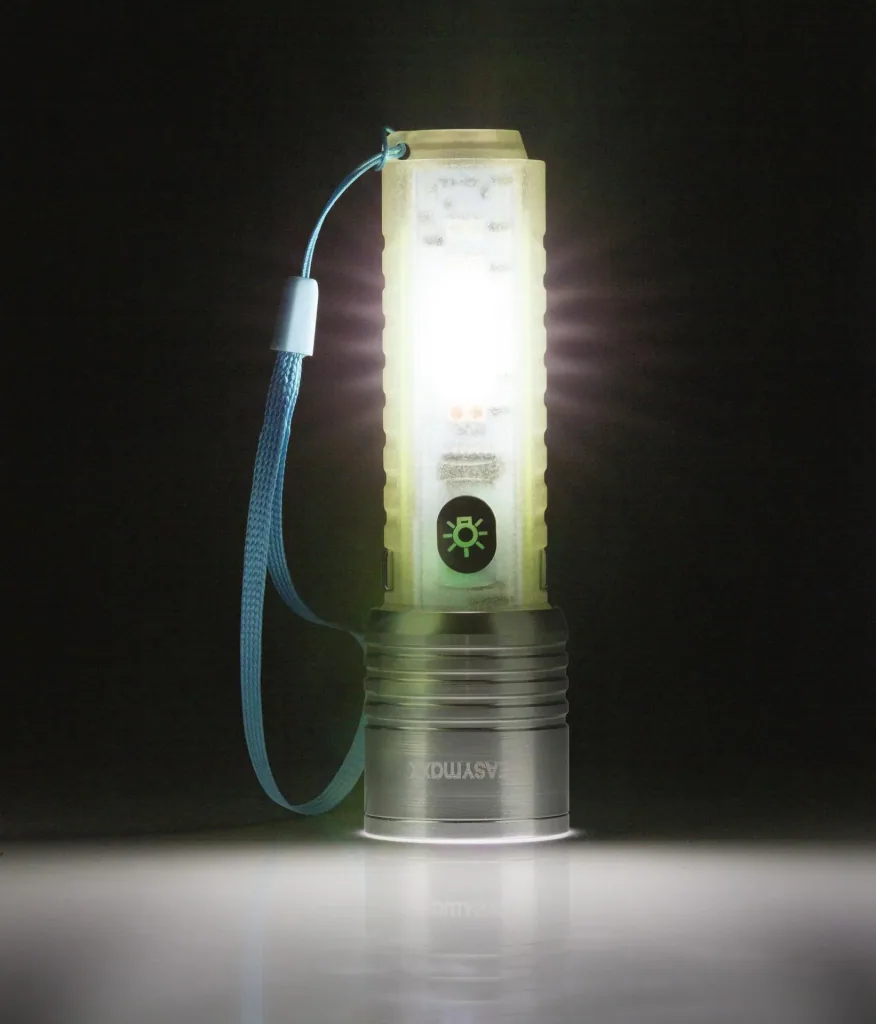 Power flashlight with fluorescent handle, rechargeable