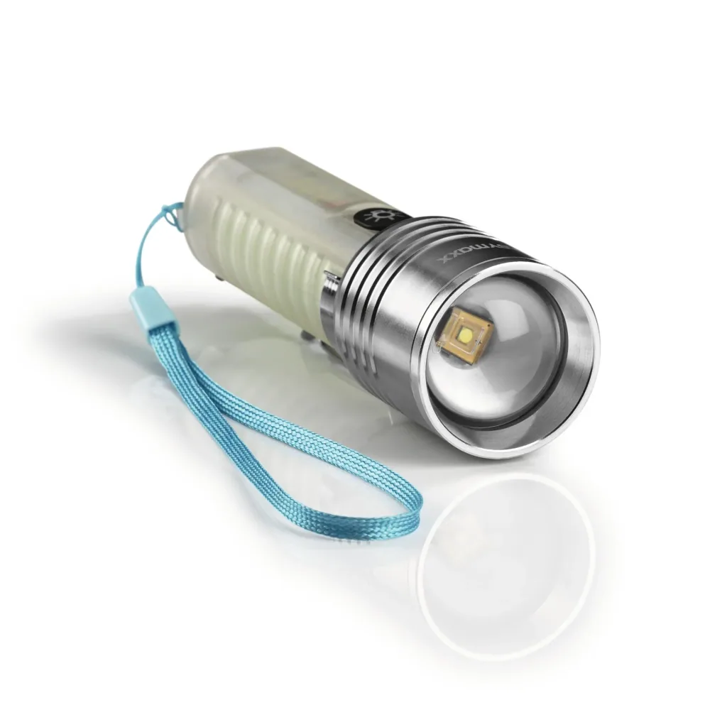 Power flashlight with fluorescent handle, rechargeable