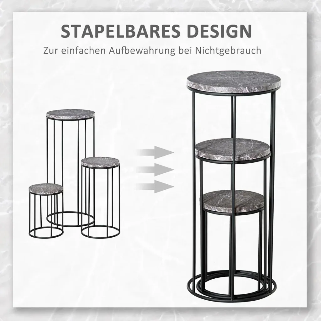 Flower stand set of 3 made of metal in marble look. Stackable plant stool for flower pot. Black + gray.