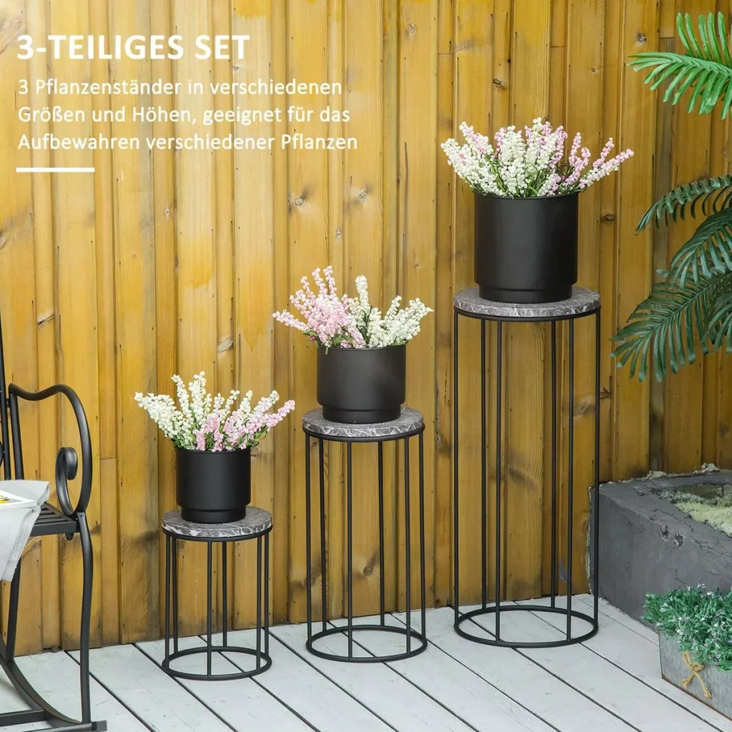 Flower stand set of 3 made of metal in marble look. Stackable plant stool for flower pot. Black + gray.