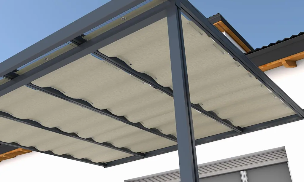 Shading system with cable guide, 945 x 4900 mm - fabric Sandstone, beige, suitable for roof depth 5 m