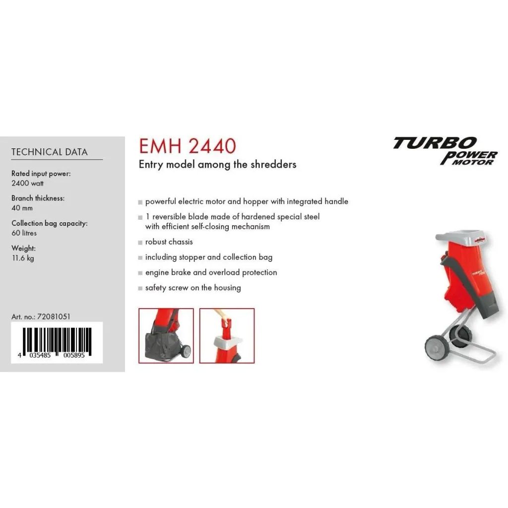 Electric shredder - 2400W - 4 cm cutting width - 60L
