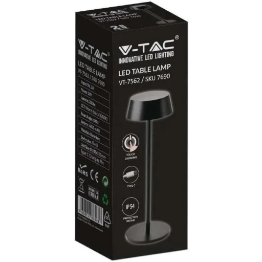 VT-7562 Table Lamp - 3000K - Dimmable via Touch - Rechargeable - Black