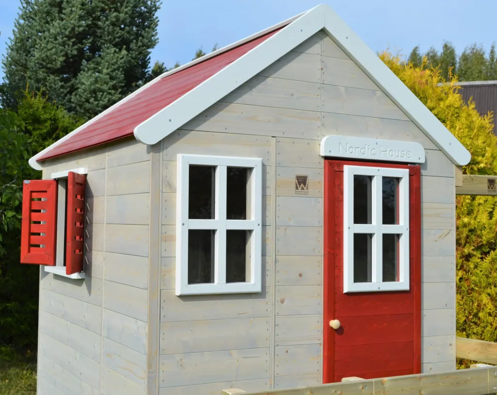 Garden playhouse "Stork", wood, red/natural, 160 x 190 x 242 cm