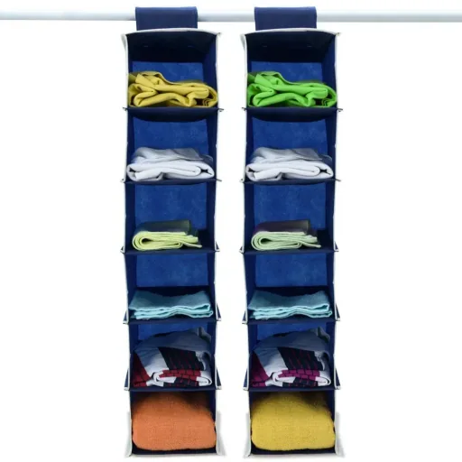 2x coat hangers with 6 compartments in blue/white