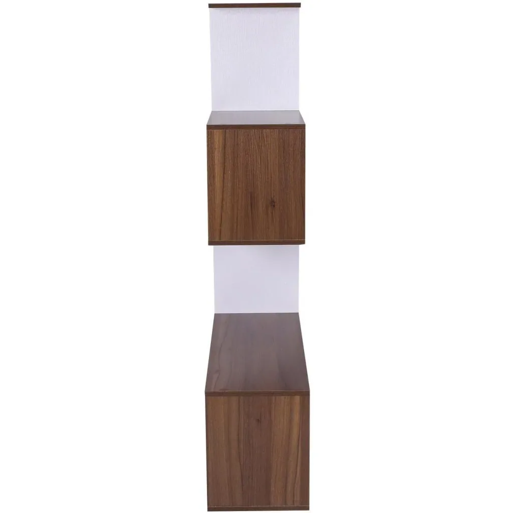 Bookshelf wooden wall shelf room divider S-shape 4 compartments white+brown
