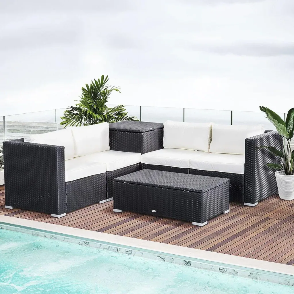 6-piece polyrattan garden furniture set with cushions, lounge table with storage, steel, luxurious black and cream