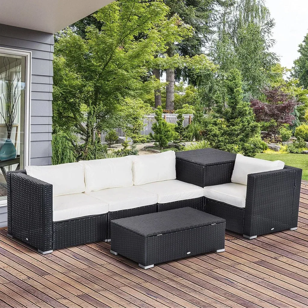 6-piece polyrattan garden furniture set with cushions, lounge table with storage, steel, luxurious black and cream