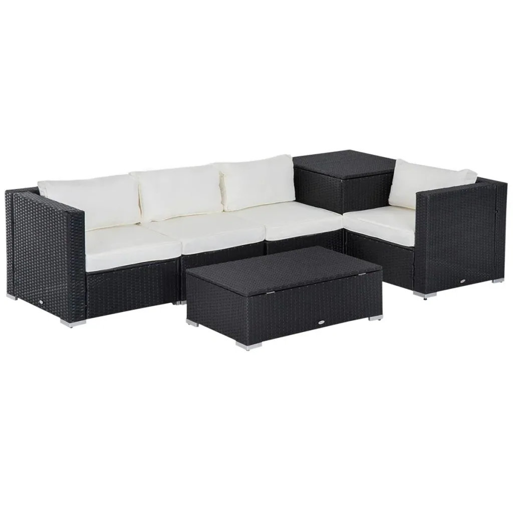 6-piece polyrattan garden furniture set with cushions, lounge table with storage, steel, luxurious black and cream