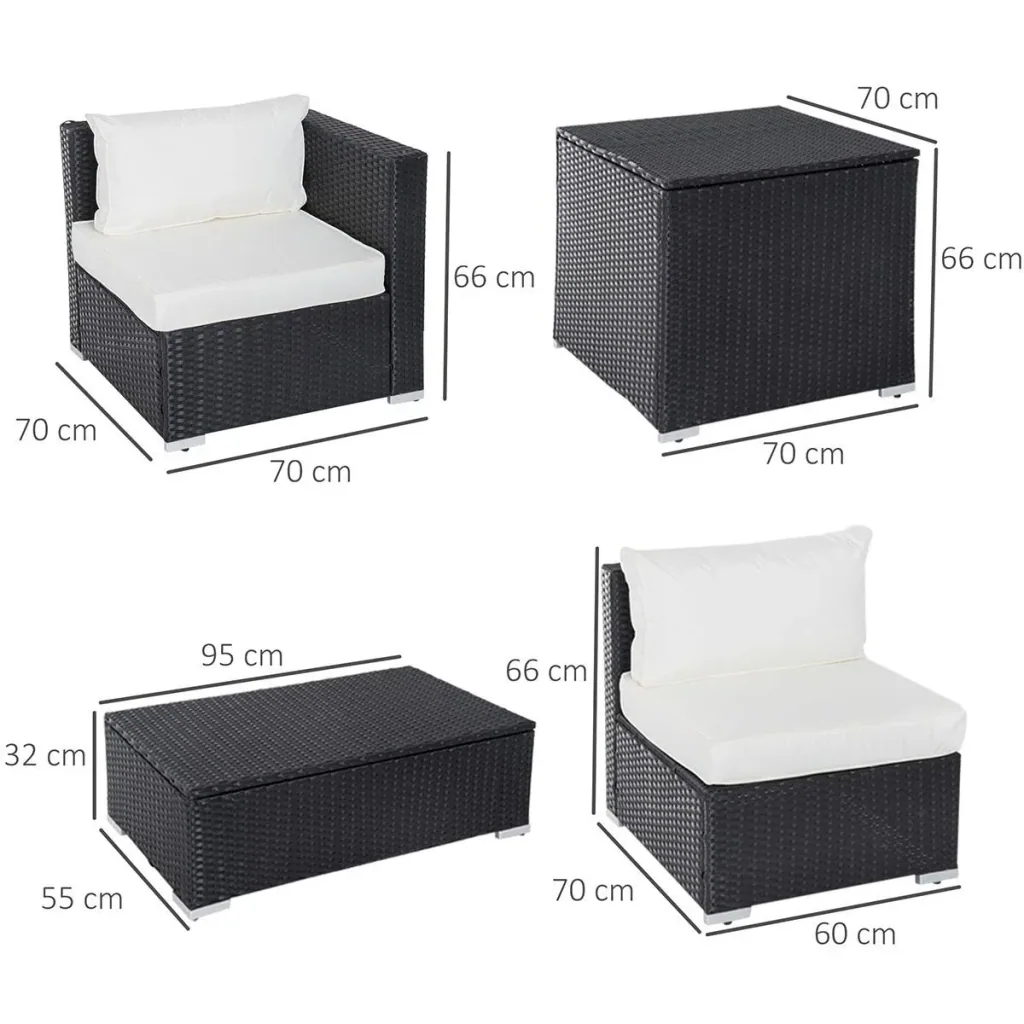 6-piece polyrattan garden furniture set with cushions, lounge table with storage, steel, luxurious black and cream