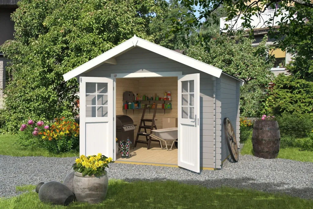 Garden shed 209 size 3, 333 x 360 x 261 cm in light grey with double door