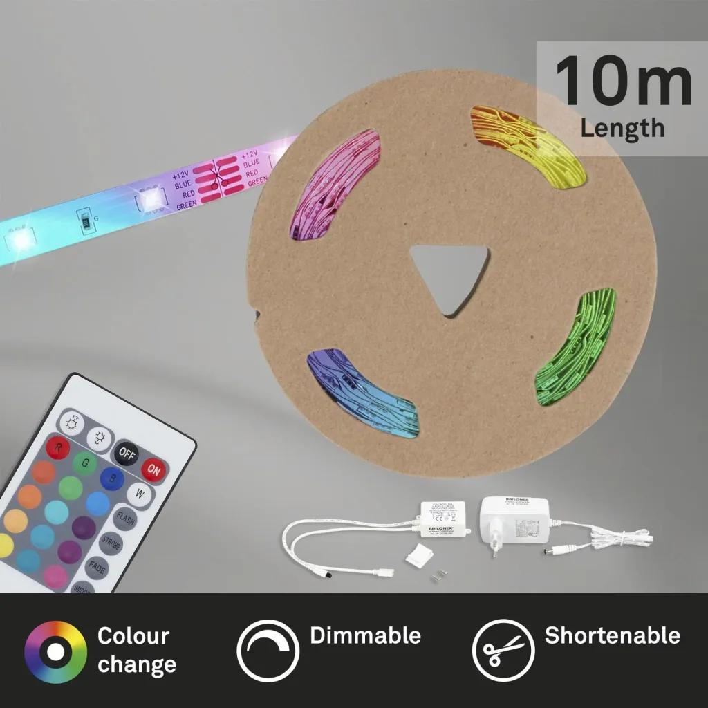 RGB LED strip, 10m, power supply 24V, 1A, dimmable, self-adhesive