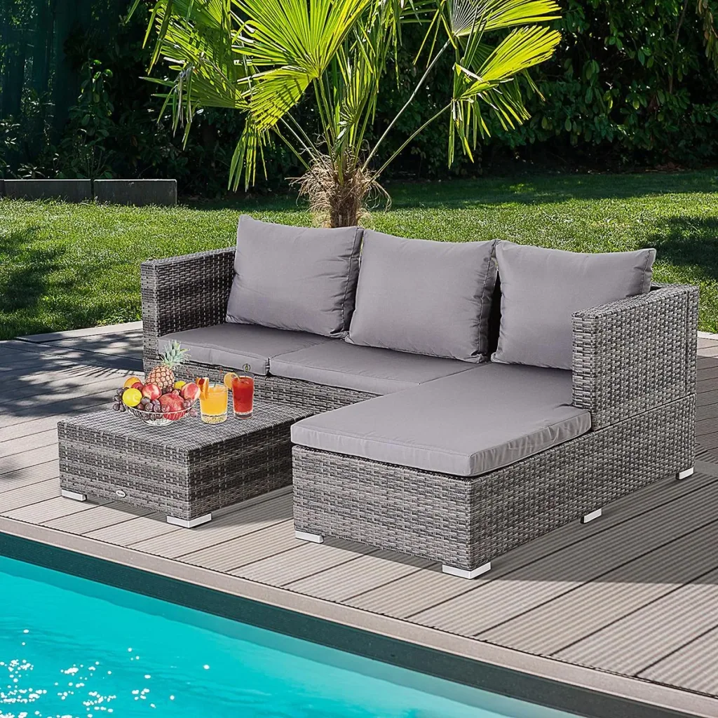 Three-piece garden furniture set, sofa, side table with storage space, 5-step backrest, PE rattan, grey, (sofa) 130 x 64 x