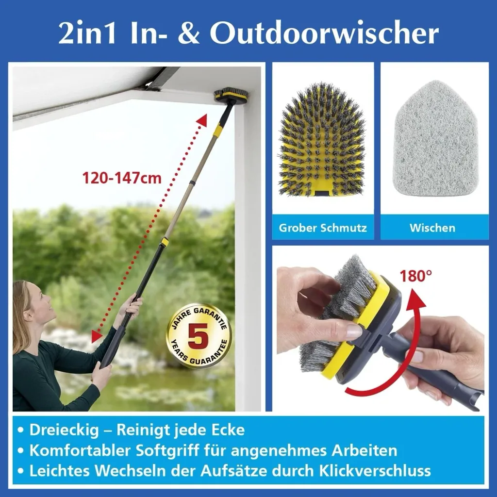 2 in 1 indoor and outdoor wiper, with telescopic handle and 2 attachments
