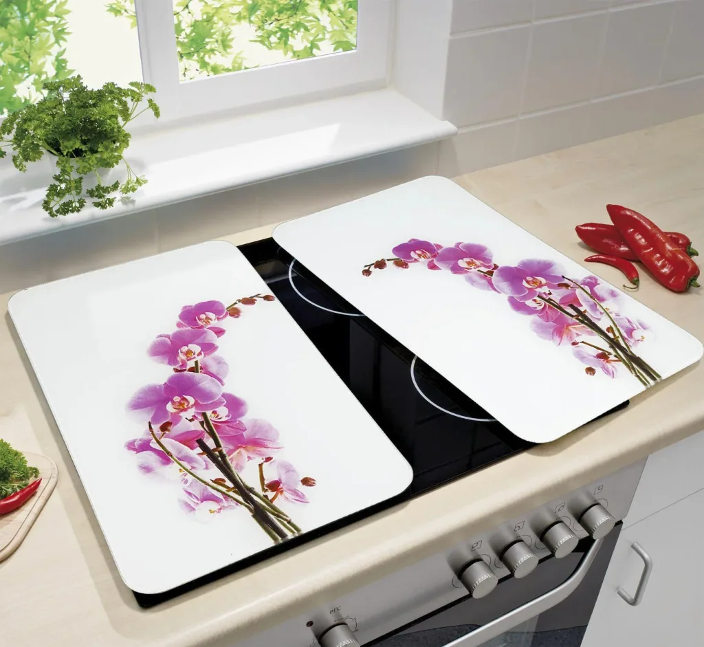 3-in-1 stove cover plates, cutting boards, worktops, glass, orchid design, each 52 x 30 cm, set of 2