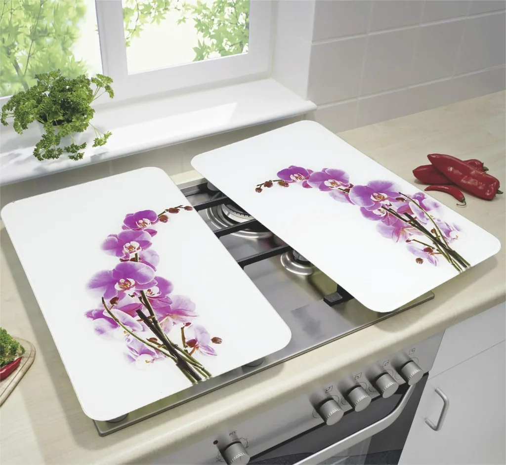 3-in-1 stove cover plates, cutting boards, worktops, glass, orchid design, each 52 x 30 cm, set of 2