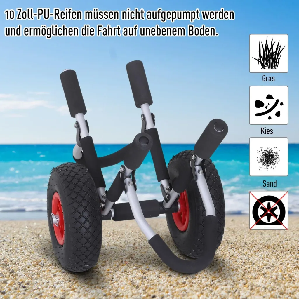 Canoe cart, kayak cart, surf cart, foldable, padded, PU tires, aluminum, silver, up to 45 kg, L65 x W38 x H52 cm
