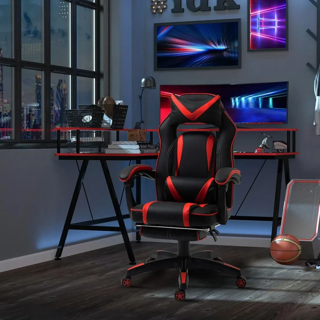 Gaming chair office chair swivel chair executive chair with footrest backrest cushion adjustable artificial leather red+black 65x64x11