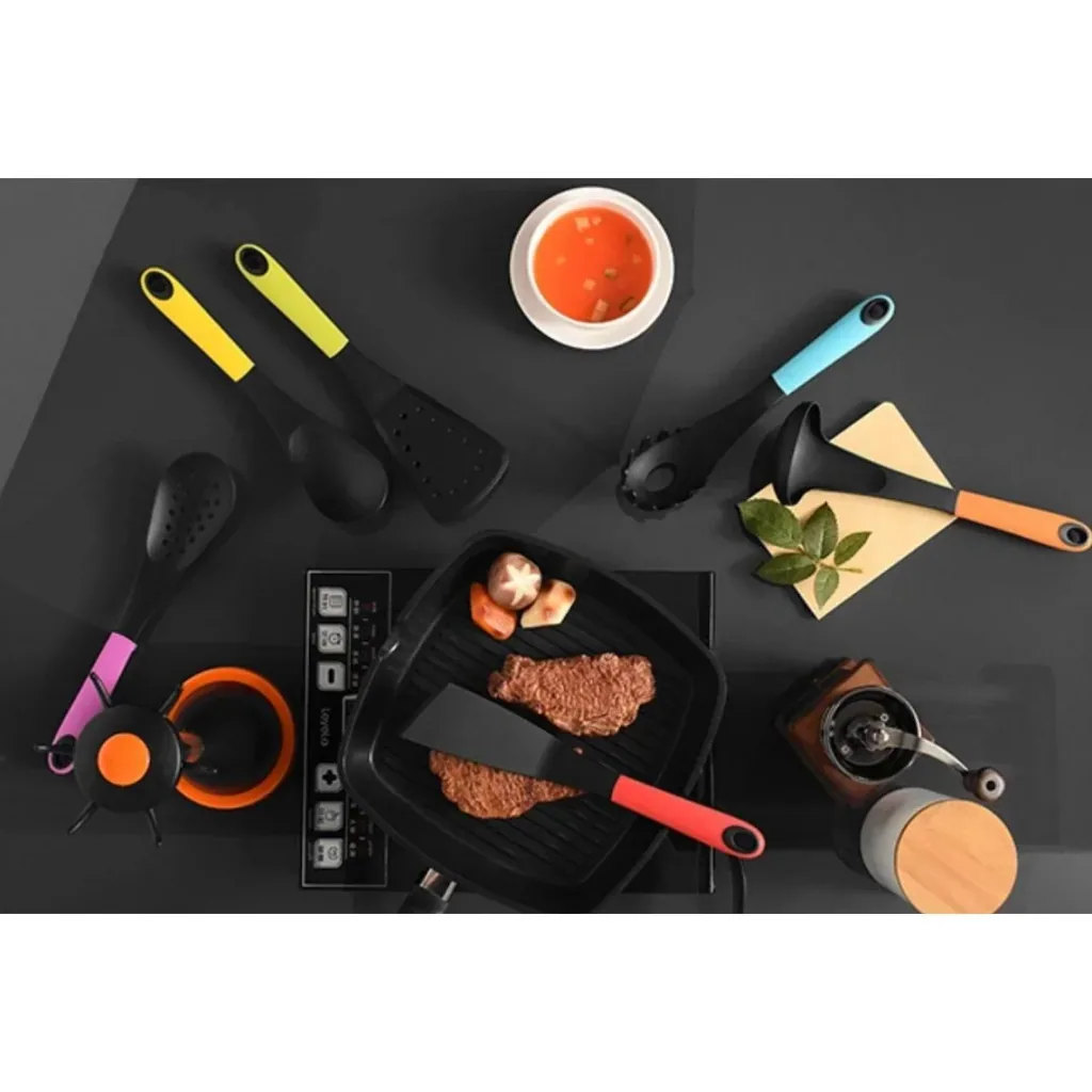7-piece kitchen accessory set - multicolor - serving spoon, spatula, spaghetti spoon, ladle, spatula, skimmer