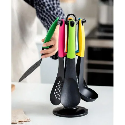 7-piece kitchen accessory set - multicolor - serving spoon, spatula, spaghetti spoon, ladle, spatula, skimmer