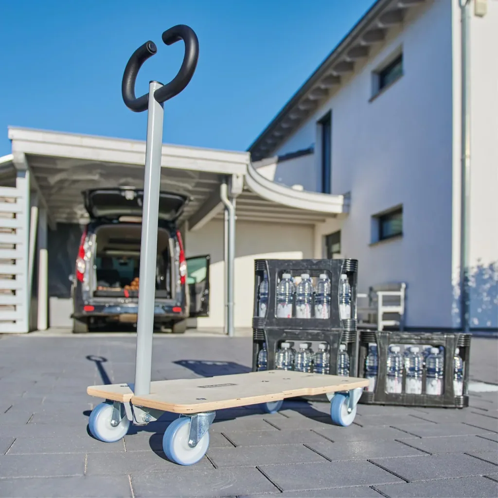 Transport aid MM 1333, 74-101 x 37 x 14.5 cm, soft castors Ø 100 mm, roller bearings, 2 brakes, FSC®, load capacity 200 kg
