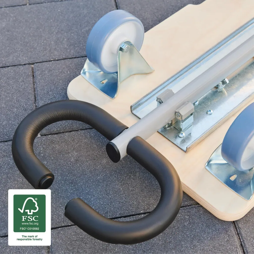 Transport aid MM 1333, 74-101 x 37 x 14.5 cm, soft castors Ø 100 mm, roller bearings, 2 brakes, FSC®, load capacity 200 kg
