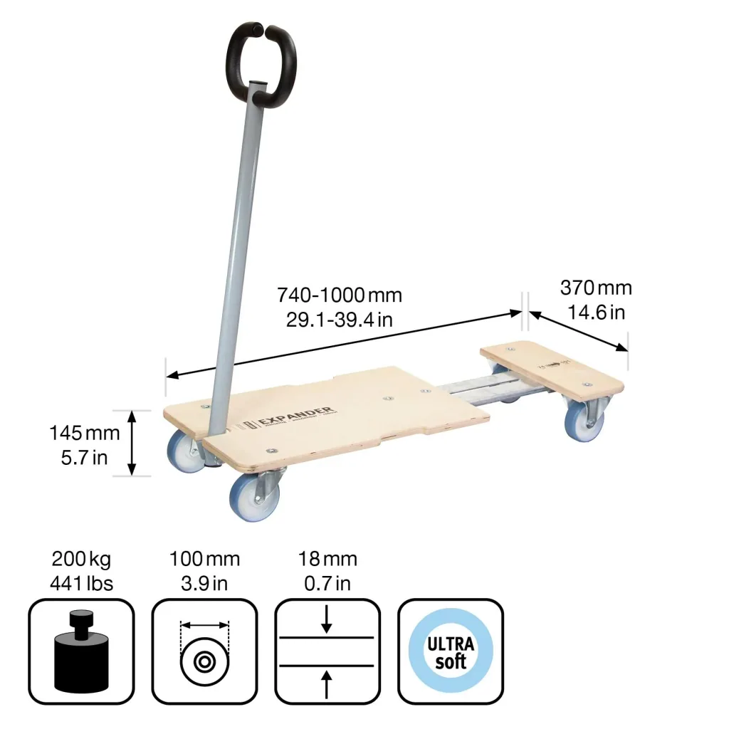 Transport aid MM 1333, 74-101 x 37 x 14.5 cm, soft castors Ø 100 mm, roller bearings, 2 brakes, FSC®, load capacity 200 kg