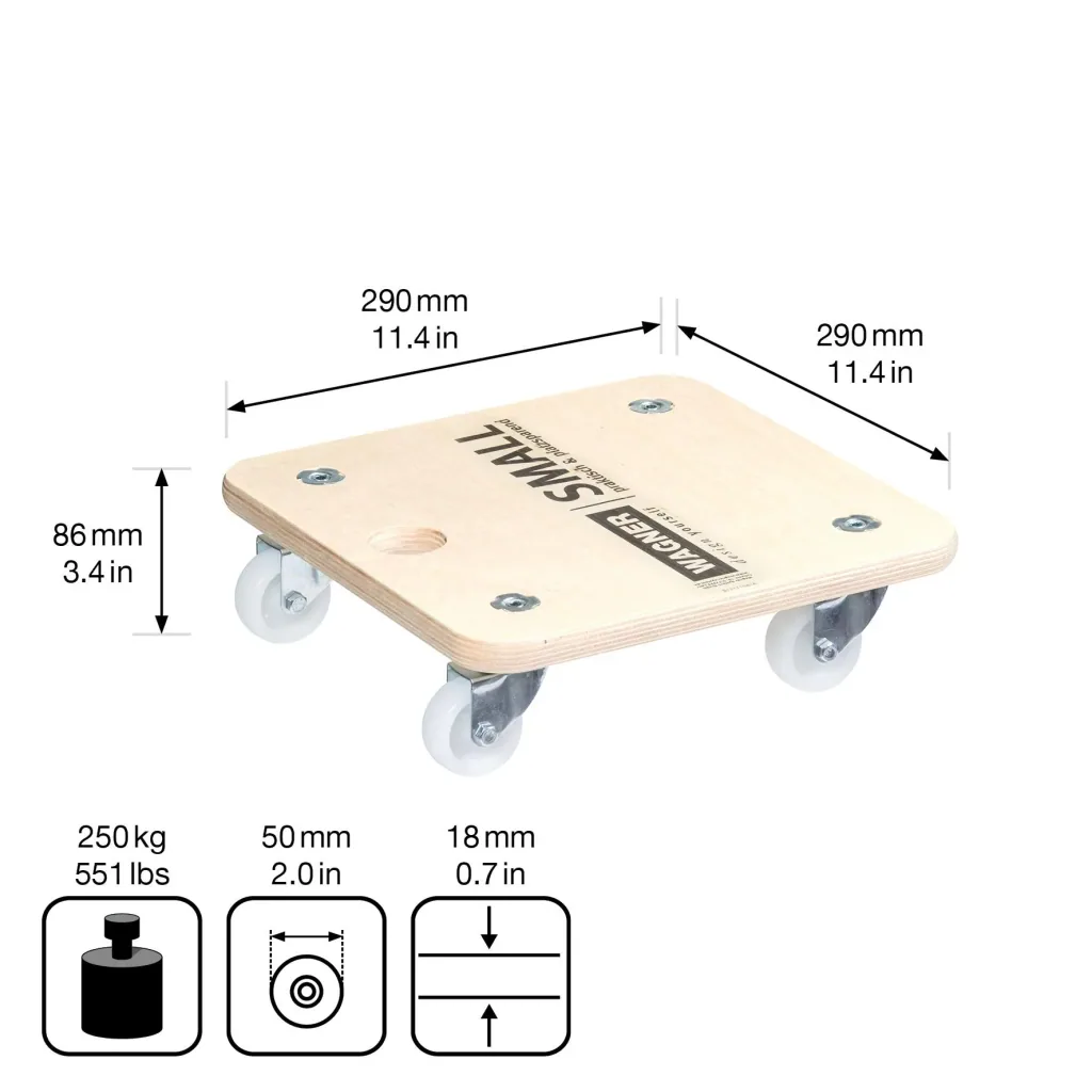 Transport aid MM 1352, 29 x 29 x 8.5 cm, hard castors Ø 50 mm, plain bearings, FSC® birch plywood, load capacity 250 kg