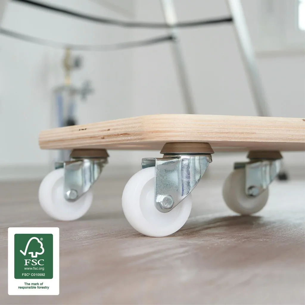 Transport aid MM 1352, 29 x 29 x 8.5 cm, hard castors Ø 50 mm, plain bearings, FSC® birch plywood, load capacity 250 kg