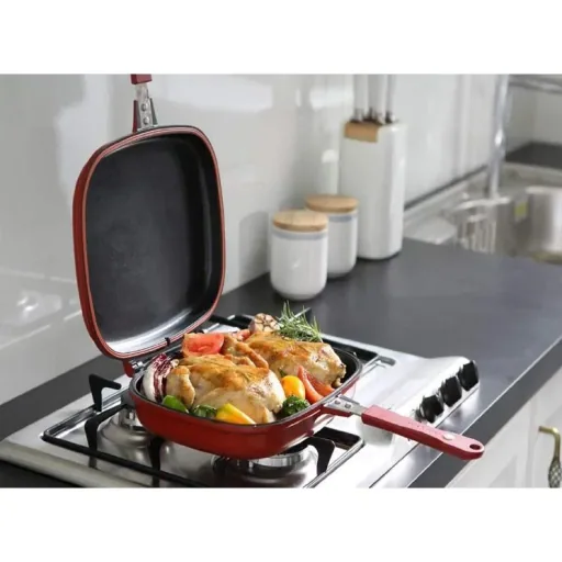 Double pan / grill pan - 32 cm - cast aluminum - reversible grill pan - burgundy