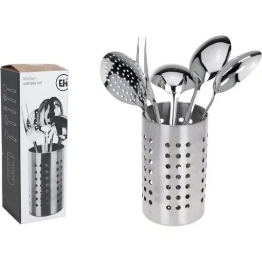 Kitchen set - stainless steel - 6-piece - meat fork, vegetable spoon, serving spoon, skimmer, soup spoon with stand