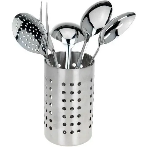 Kitchen set - stainless steel - 6-piece - meat fork, vegetable spoon, serving spoon, skimmer, soup spoon with stand