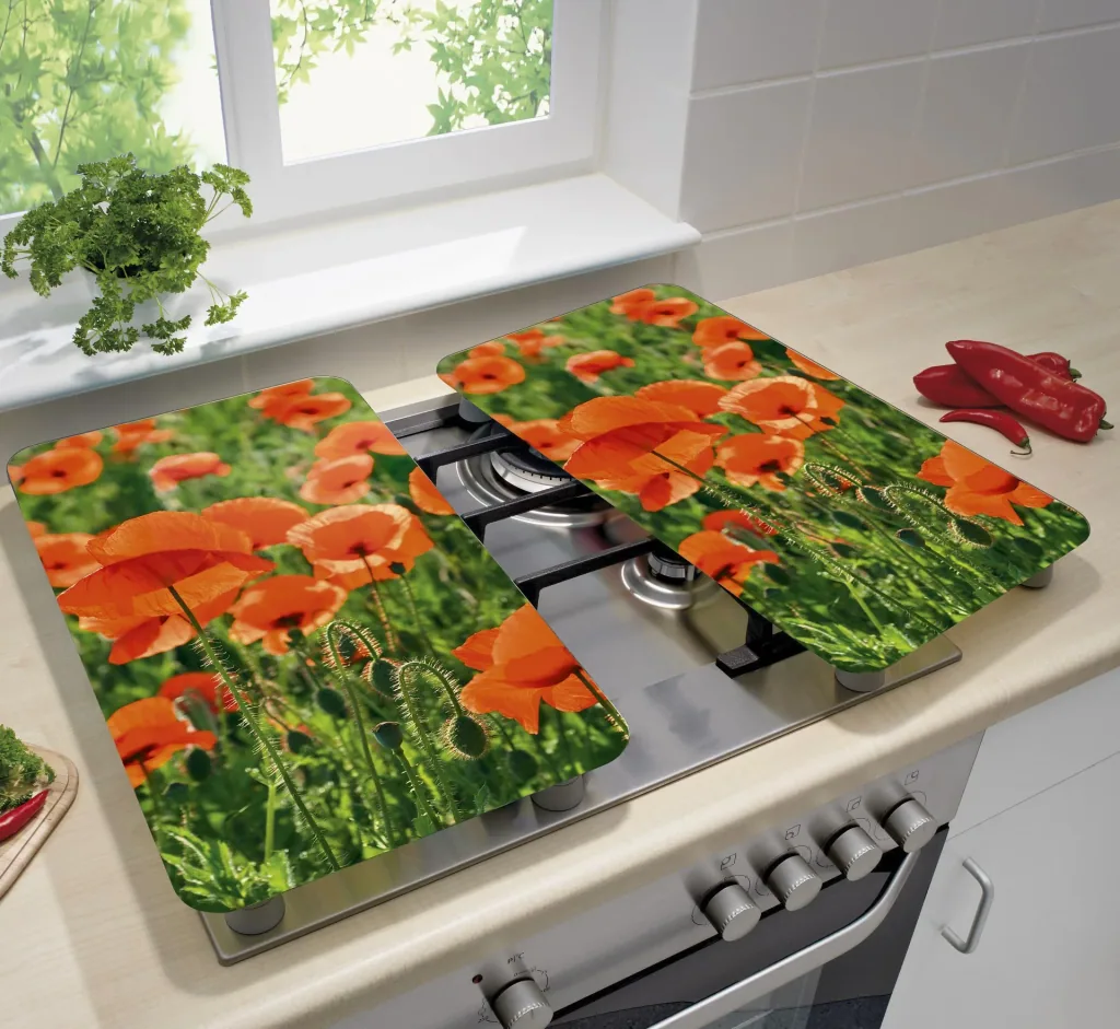 3-in-1 Glass Hob Covers, Cutting Boards, Worktops, Poppy Design, 52 x 30 cm Each, Set of 2