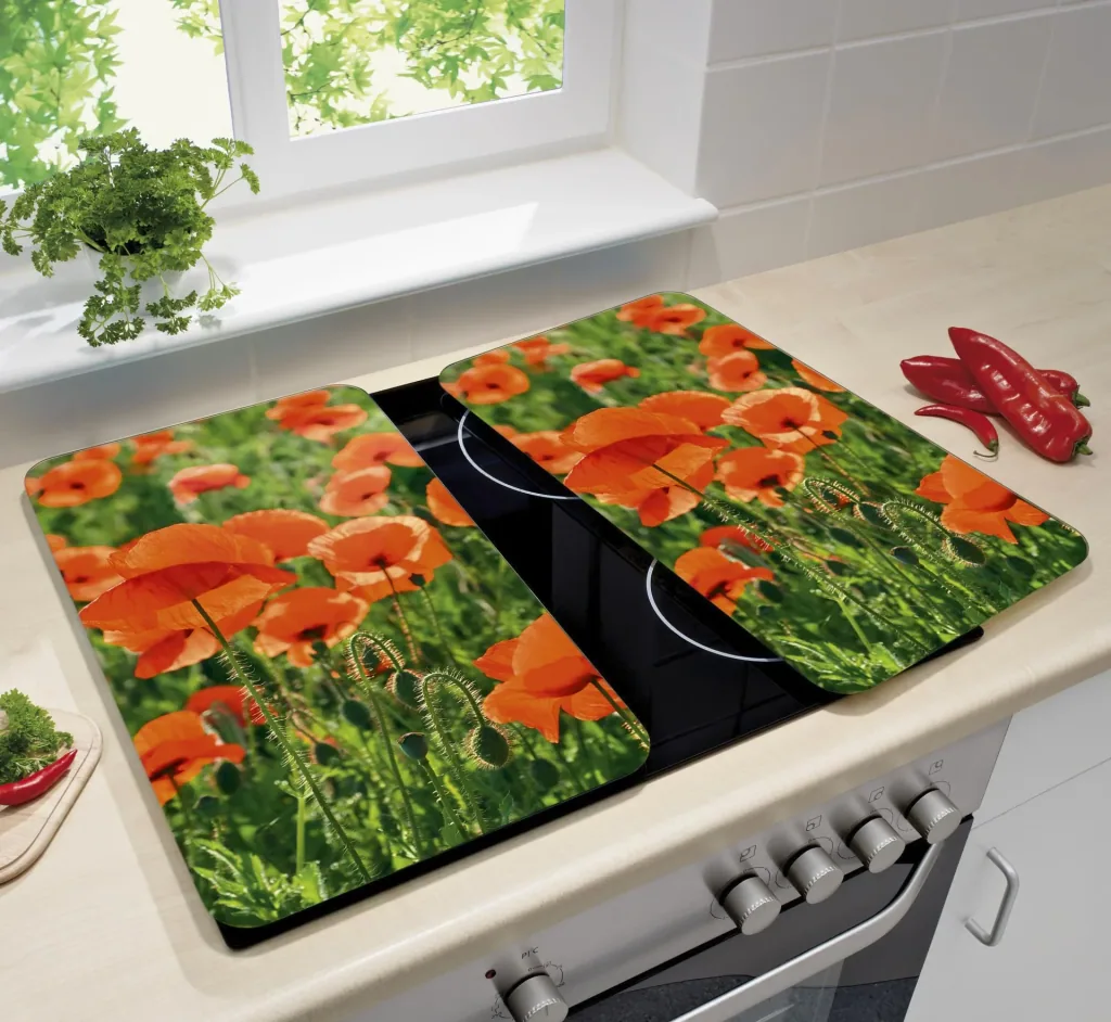 3-in-1 Glass Hob Covers, Cutting Boards, Worktops, Poppy Design, 52 x 30 cm Each, Set of 2