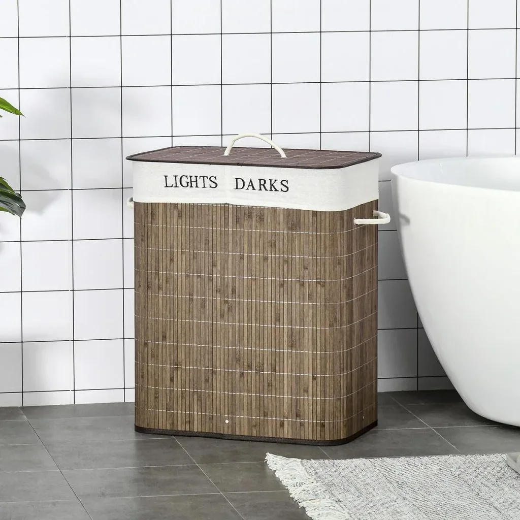 100L laundry basket laundry box laundry collector with 3 handles removable bamboo polyester cotton metal brown+white 52 x 32 x 63