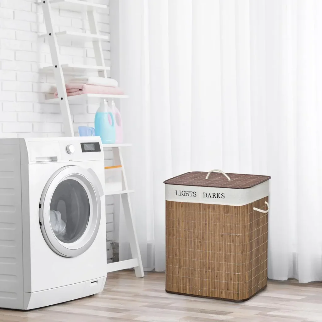 100L laundry basket laundry box laundry collector with 3 handles removable bamboo polyester cotton metal brown+white 52 x 32 x 63