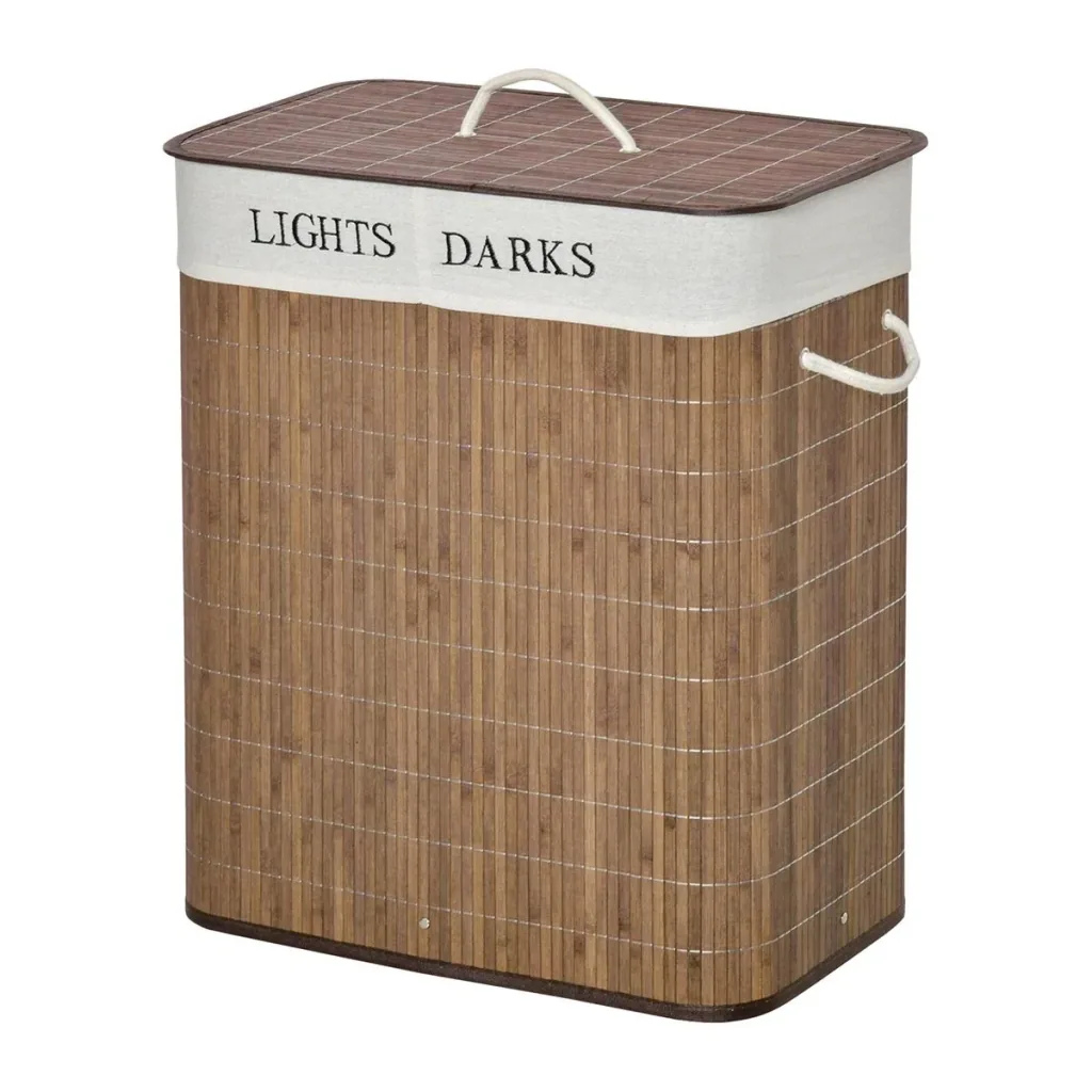 100L laundry basket laundry box laundry collector with 3 handles removable bamboo polyester cotton metal brown+white 52 x 32 x 63