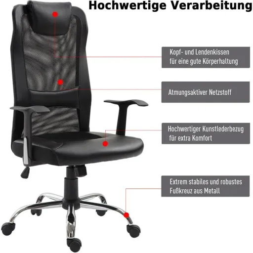 Office chair swivel chair height adjustable desk chair gaming chair ergonomic PU black 51 x 60.8 x (112 122) cm