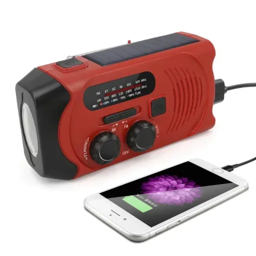 Portable solar crank radio with flashlight, rechargeable and battery operation