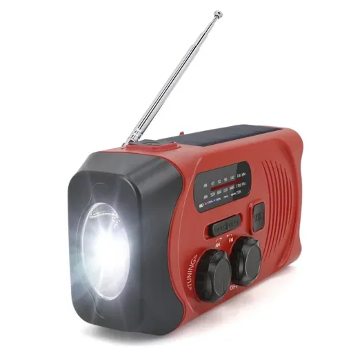 Portable solar crank radio with flashlight, rechargeable and battery operation