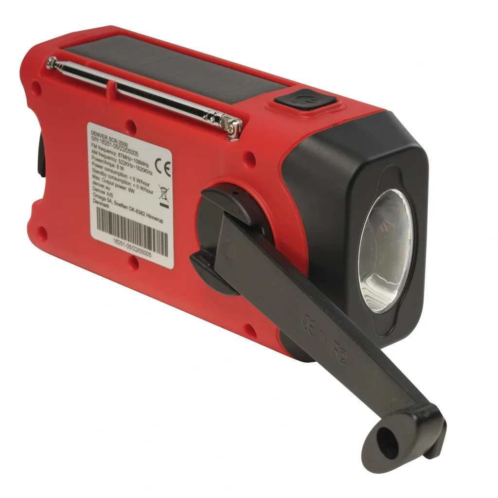 Portable solar crank radio with flashlight, rechargeable and battery operation