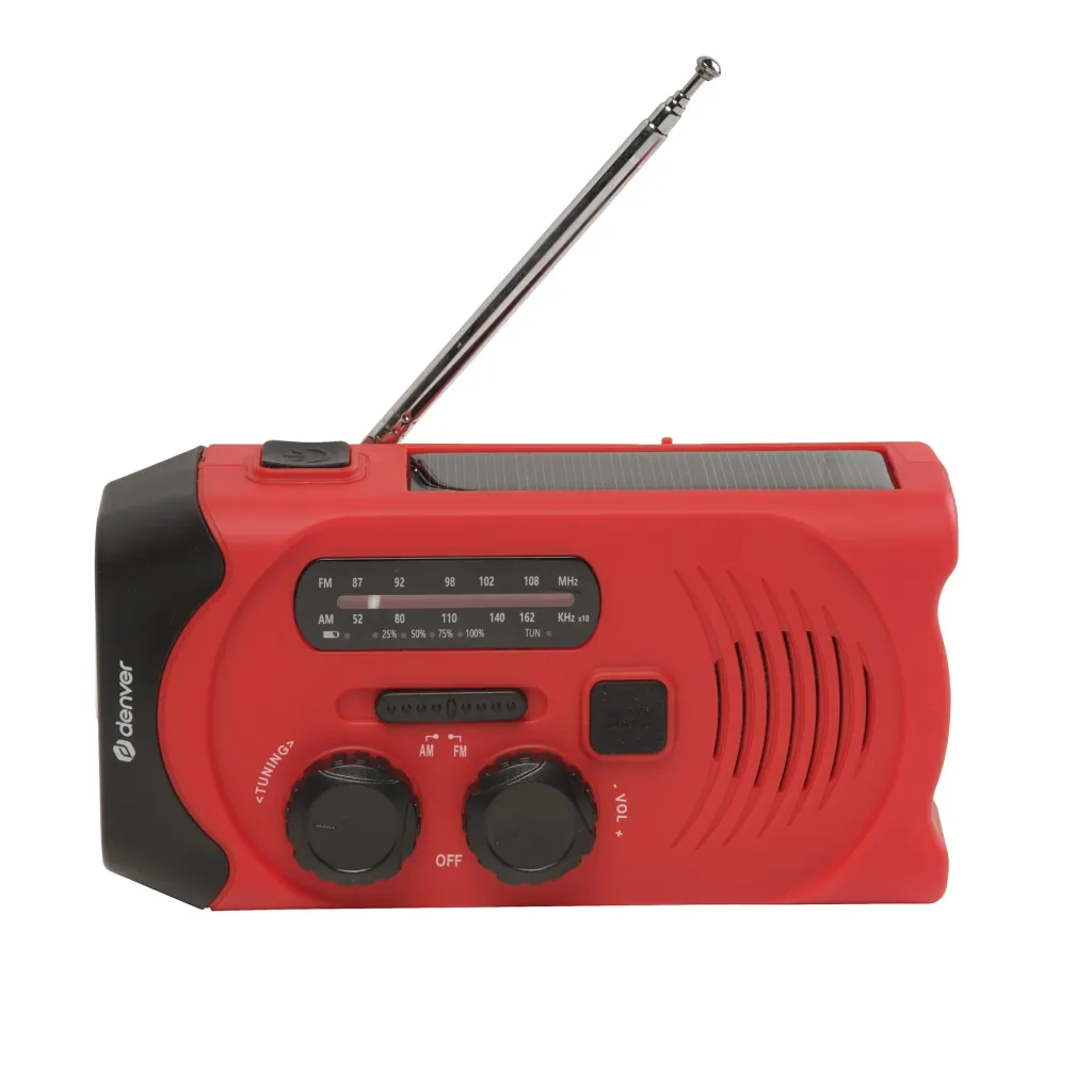 Portable solar crank radio with flashlight, rechargeable and battery operation